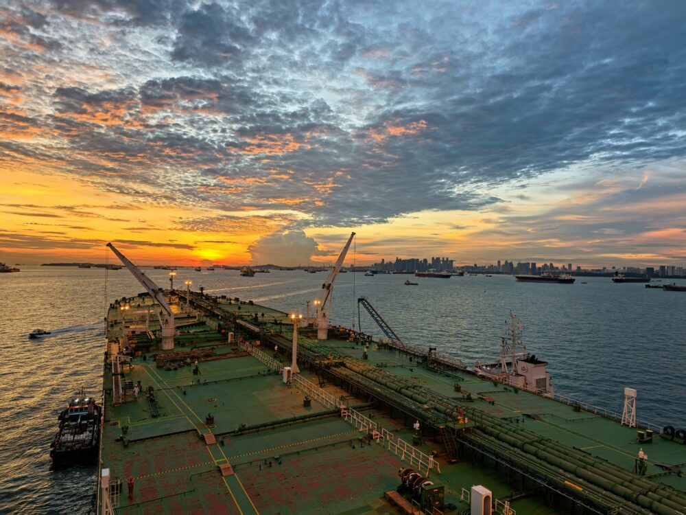 A cargo ship floats off the coast of Singapore.